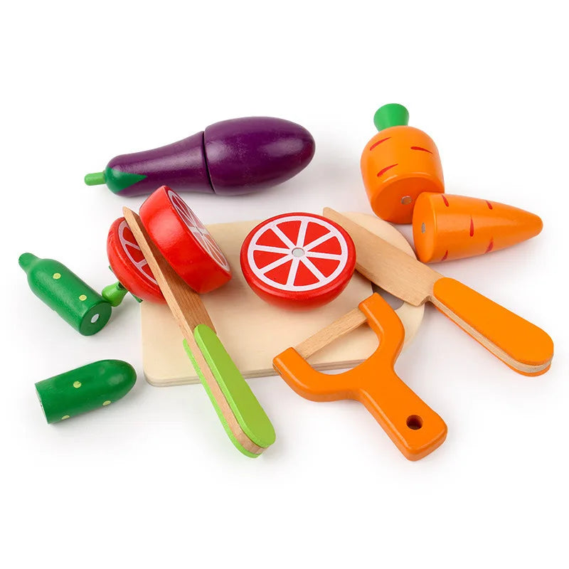 Let your child explore the joy of cooking with our Simulation Kitchen Pretend Toy! This beautifully crafted kitchen play set features vibrant fruits and vegetables that can be "cut" and reassembled, helping children improve their fine motor skills while engaging in creative, hands-on play. Made from high-quality, non-toxic wood and painted with eco-friendly water-based paints, this Montessori toy is safe for your Little Ones and designed to enhance hand-eye coordination and cognitive development.