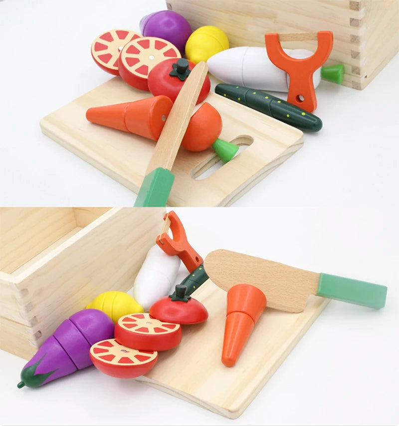 Let your child explore the joy of cooking with our Simulation Kitchen Pretend Toy! This beautifully crafted kitchen play set features vibrant fruits and vegetables that can be "cut" and reassembled, helping children improve their fine motor skills while engaging in creative, hands-on play. Made from high-quality, non-toxic wood and painted with eco-friendly water-based paints, this Montessori toy is safe for your Little Ones and designed to enhance hand-eye coordination and cognitive development.