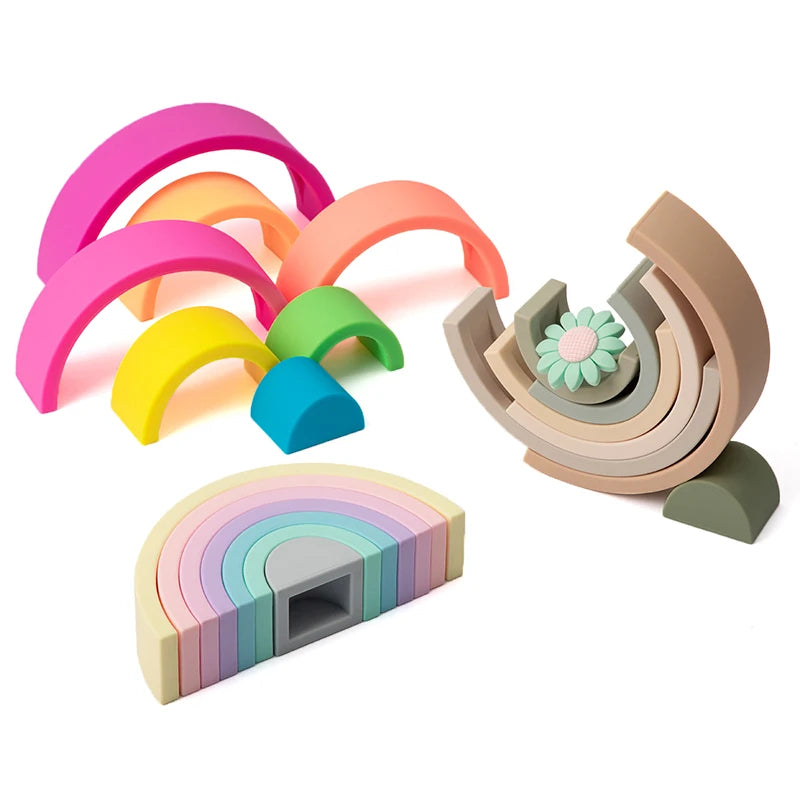 Introduce your little one to a world of color, creativity, and sensory development with our Rainbow Stacking Toy. This versatile montessori toy encourages imaginative play while enhancing motor skills and hand-eye coordination. Made from soft silicone, the stackable rainbow pieces also double as a teether toy, offering soothing relief for your baby’s gums during teething stages.