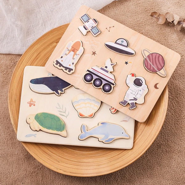 Wooden Puzzle Montessori Toys Baby Cartoon Ocean Animal Colorful Learning Education Block Toys Tangram Jigzaw Cognitive Kid Gift